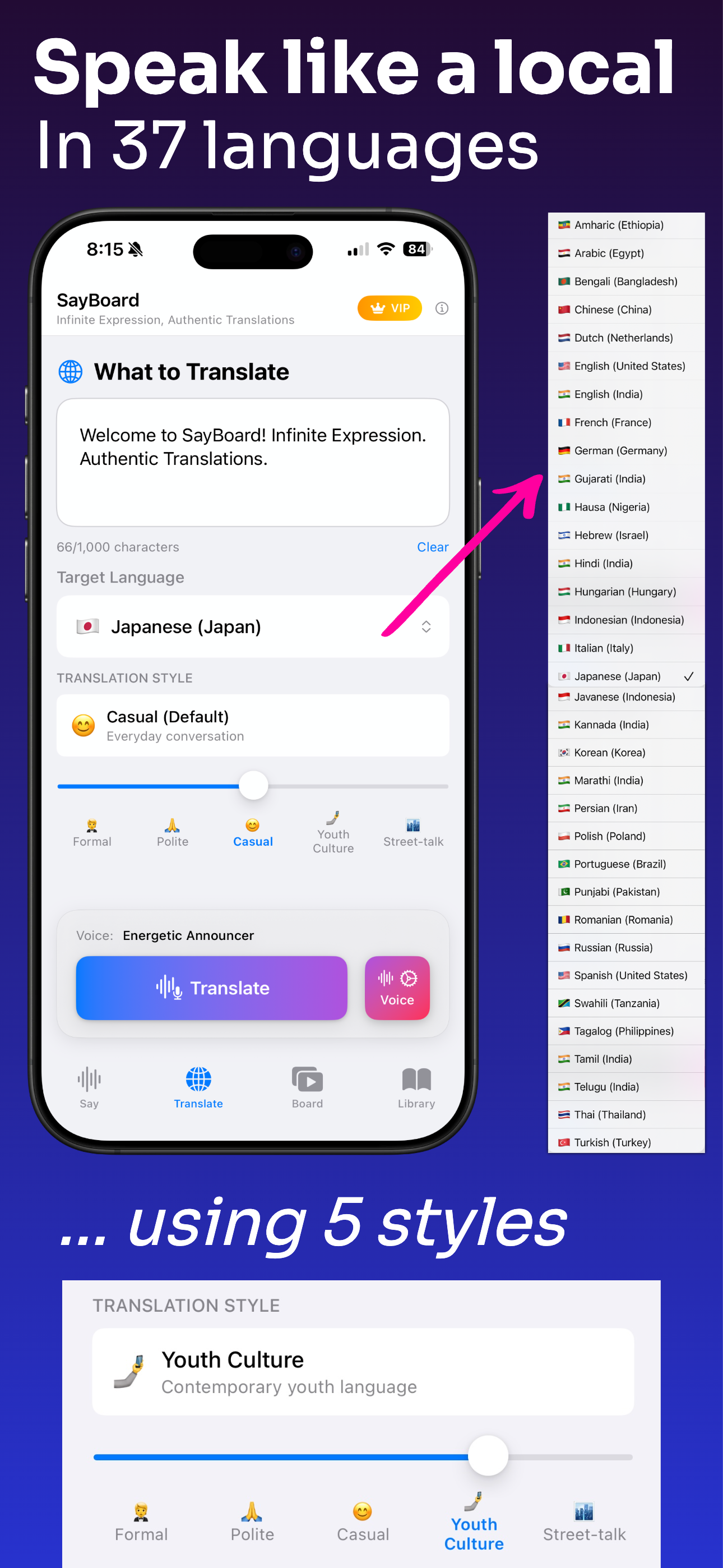Speak like a local in 37 languages and 5 translation styles - Translation interface showing Youth Culture style selection