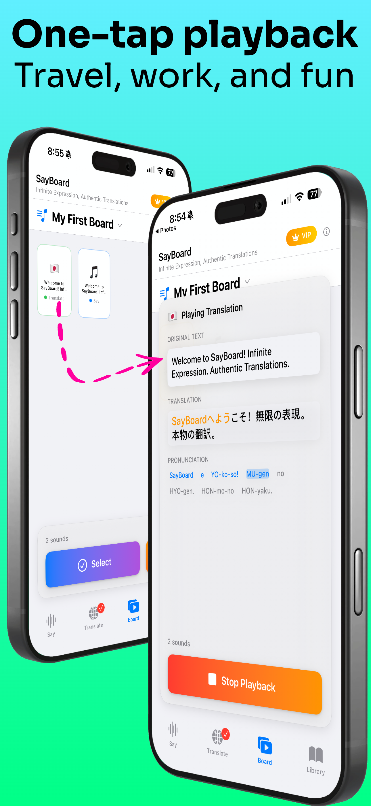 One-tap playback for travel, work, and fun - SayBoard tiles showing saved translations for easy access
